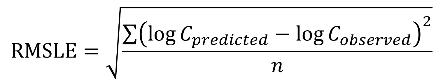 RMSLE equals to root mean square of log difference between predicted concentration and observed concentration.